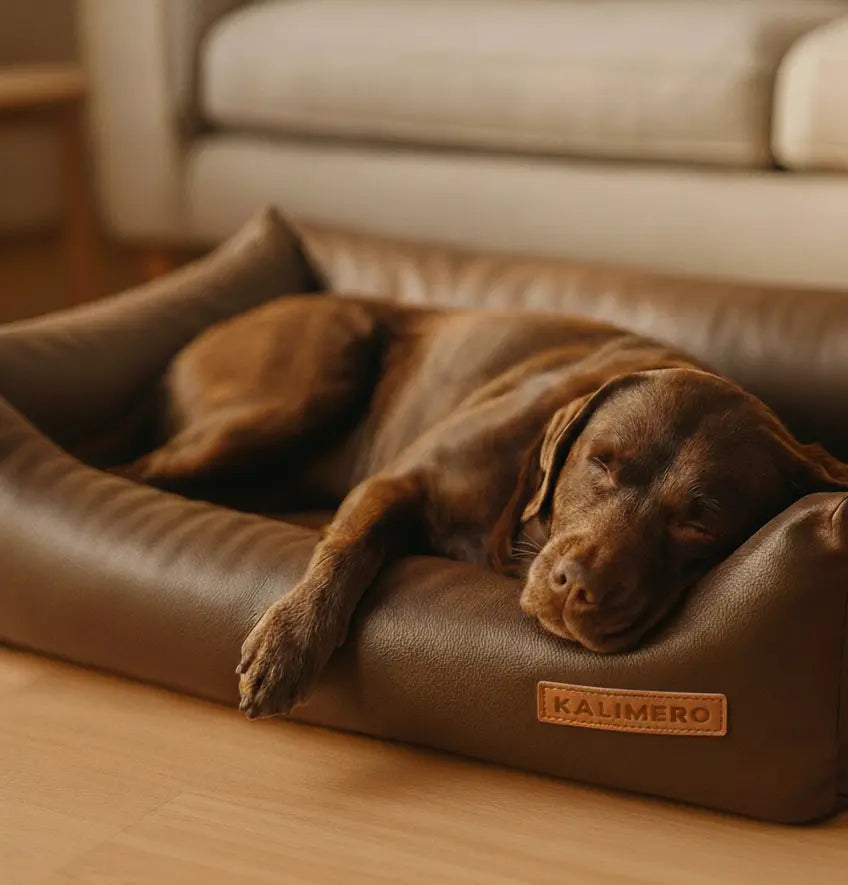 Schlafender Hund auf Kunstleder-Hundebett